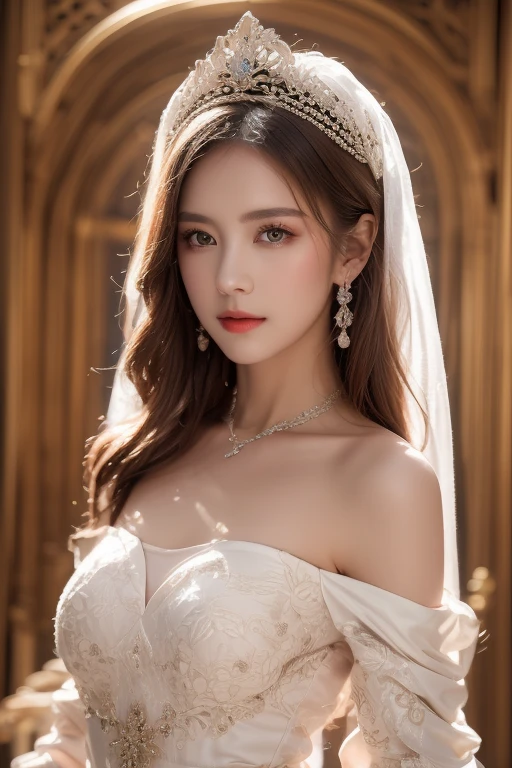 1 girl,alone,medium breasts,(full body photo:1.3),Lion 0261,Pink Dress 1.2、off shoulder dress,pearl \(gem\),tiara,veil,ピンクのWedding dress1.2、Wedding dress,, fine eyes, (detailed face), (portrait), (Tilt your head up), 
(((The call of beauty, great art, 
wonderful colors))) ,Professional Lighting 1.5、White background 1.5、 ((great scene)) ,(((realistic))) , (masterpiece, 最high quality), intricate details, realistic, photorealistic, perfect structure, masterpiece,, natural skin,fine skin pores (long hair), oily skin, scattered below the surface, taken with a movie camera, soft lighting, high quality, 最high quality, masterpiece, best pictures, Lovely, wonderful