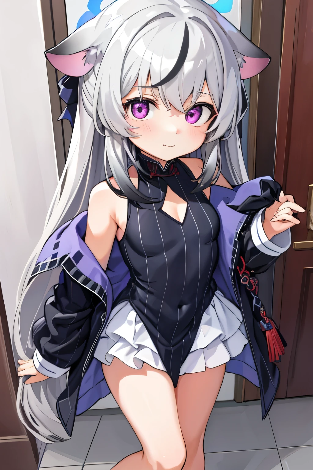 tmasterpiece， best qualtiy， ultra - detailed， 1girll，Gray hair Kokona， inside in room， Purple eye， ：3，the face  closeup cleavage,  Winter suit, winter wonder