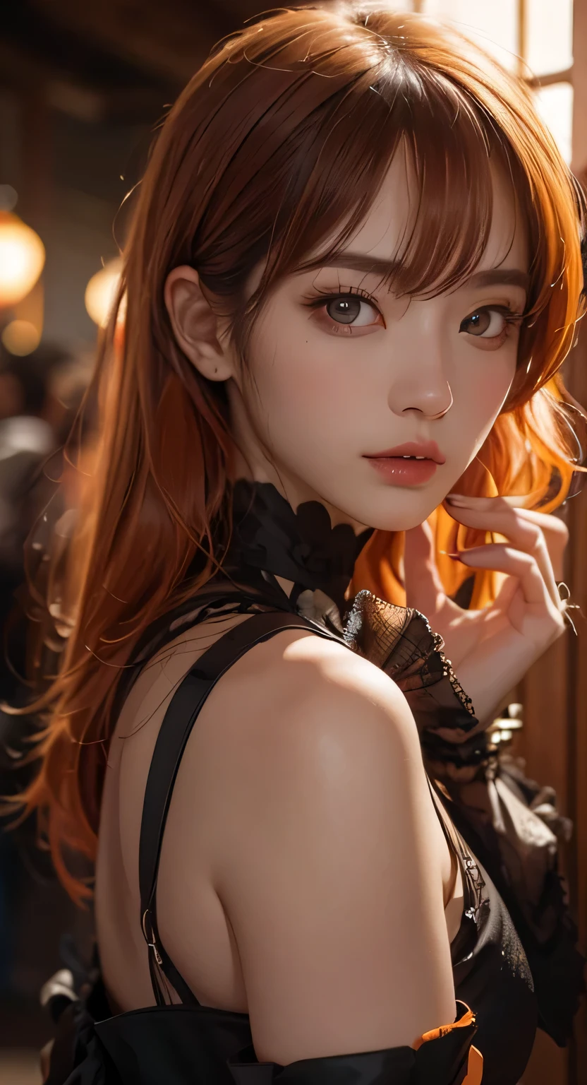 Masterpiece, 1 beautiful girl, Detailed eyes, Puffy eyes, Best quality, hyper HD, (reality: 1.4), Cinematic lighting, Japan, Asian beauty, Korean, Super beautiful, Beautiful skin, Slender, body facing front, (Ultra-realistic), (high resolution), (8K), (Very detailed), (Best Illustration), (Beautiful and detailed eyes), (Super detailed), (the wallpaper), Detailed face, Bright lighting, Professional lighting, looking at viewert, Staring straight ahead, The costume is a neat light orange shirt and dress, 46-point diagonal bangs, Night view, Black hair (Some orange hair with mesh), Nogizaka 46, Asuka Saito,