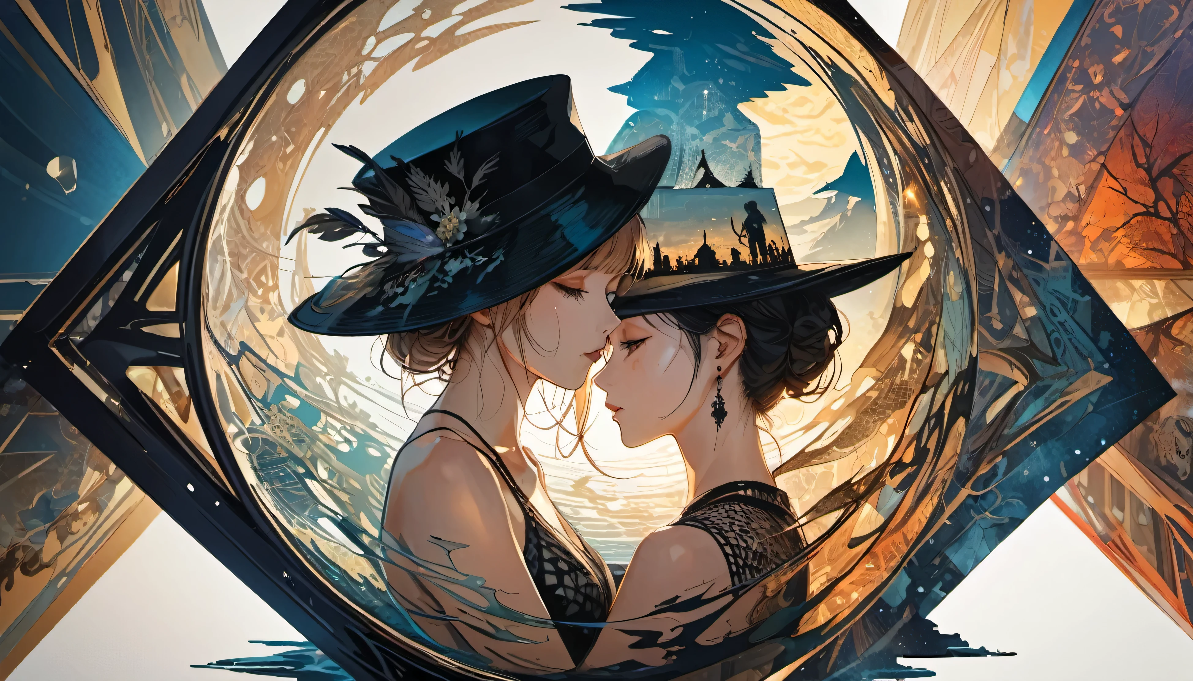 masterpiece,best quality,mysterious silhouette woman with hat,by Minjae Lee,Carne Griffiths,Emily Kell,Steve McCurry,Geoffroy Thoorens,Aaron Horkey,Jordan Grimmer,Greg Rutkowski,amazing depth,double exposure,surreal,geometric patterns,intricately detailed,bokeh,perfect balanced,deep fine borders,artistic photorealism,smooth,great masterwork by head of prompt engineering,