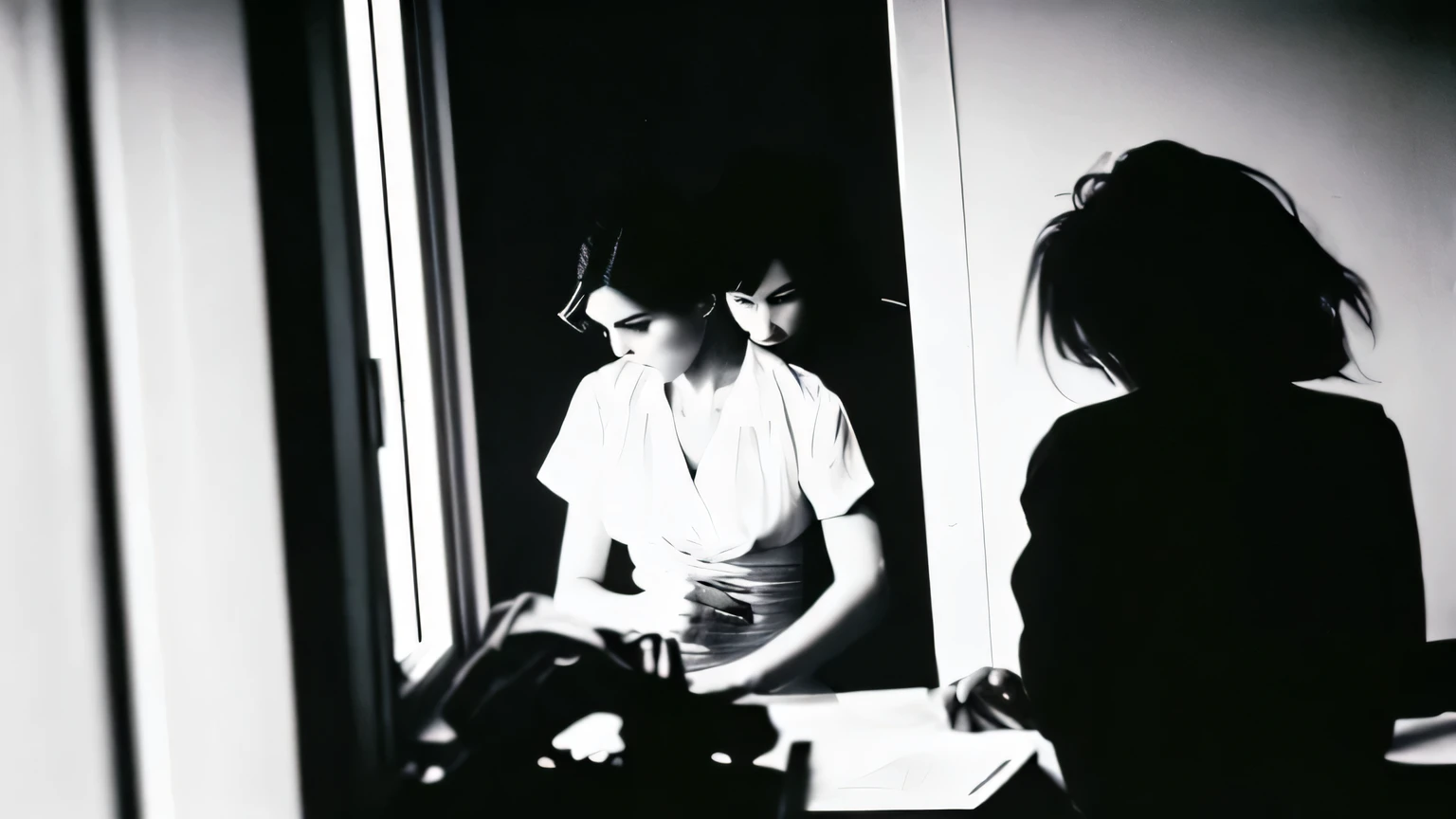 by Ralph Gibson style, Realistic, masterpiece of photography, emotionally dangerous scenes, highlighting the entanglement between love and betrayal, Atmosphere: sad, chaotic,