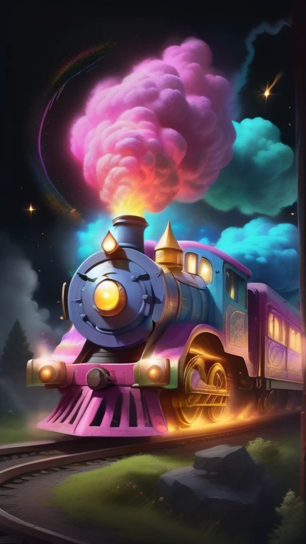 Glowing magic train in chalk style, 8K,the art of mathematics, high quality, Very detailed