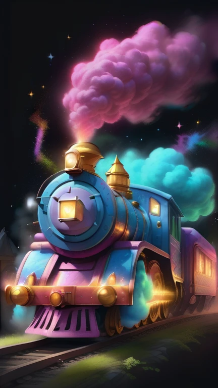 Glowing magic train in chalk style, 8K,the art of mathematics, high quality, Very detailed