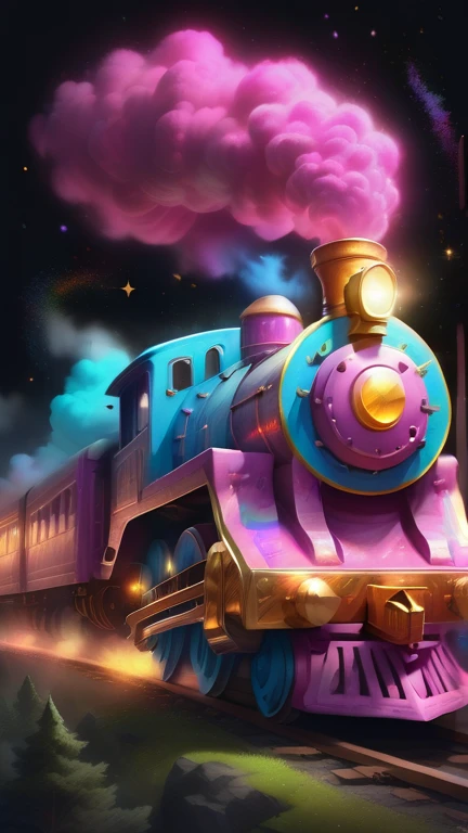 Glowing magic train in chalk style, 8K,the art of mathematics, high quality, Very detailed