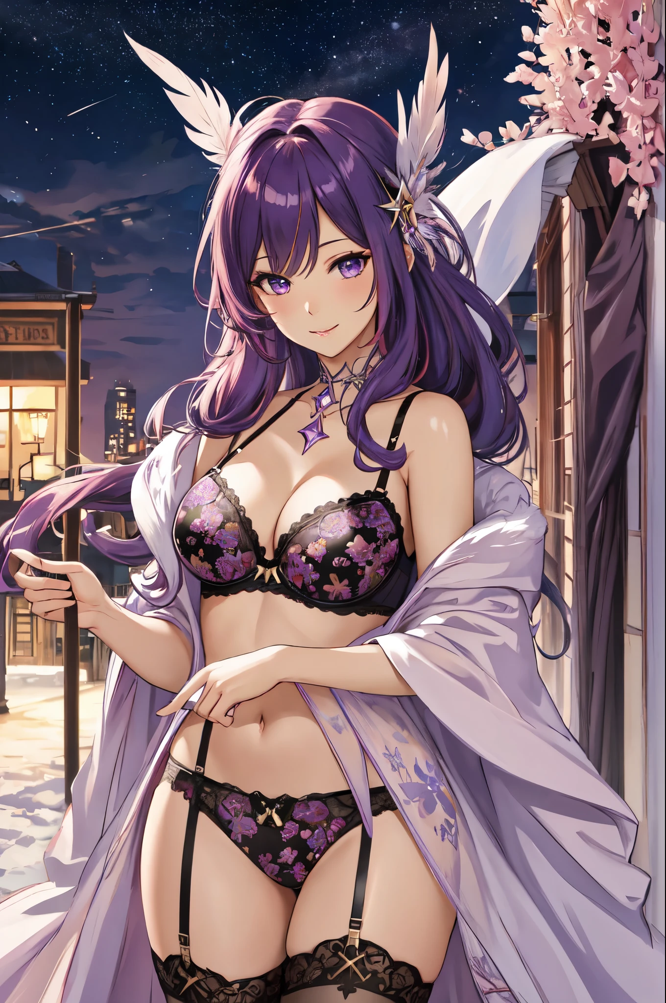 (solo, 1girl), (absurdres, ,highres, official wallpaper, poster), (masterpiece, best quality:1.2), (illustration, realistic), (perfect details, highest detailed, extreme detailed), dramatic light, starguardianxayah, (thighhighs, fingerless gloves, hair ornament, star guardian \(league of legends\), chocker, multicolored hair, star \(symbol\), pink hair, purple hair, long hair, feather ornament, feather cloak), ((print lingerie), (print bra), (print panties), mature female), (starry sky, people, ,blush, seductive smile, standing, arms behind head)