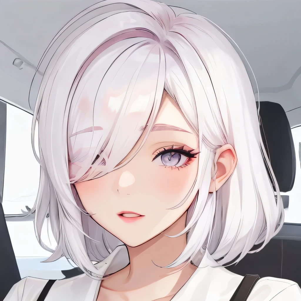 Girly girl, pink round glasses, white shirt, face close-up, white hair, light white eyes, pure, (hair over one eye), (pixie hairstyle), feminine