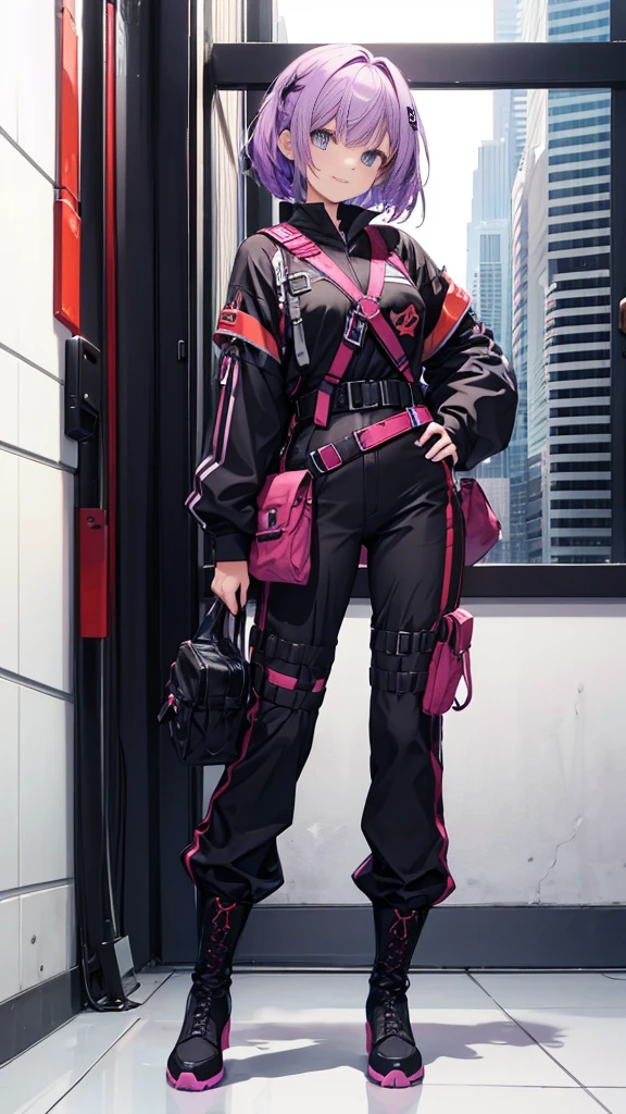 purple hair,girl,1 person,medium hair,No sleeve,Harness,pants,boots,simple background,smile,whole body,full body,standing position,Standing picture,VTuber,front,Eyes on the viewer,視線をfrontに,arm to the side