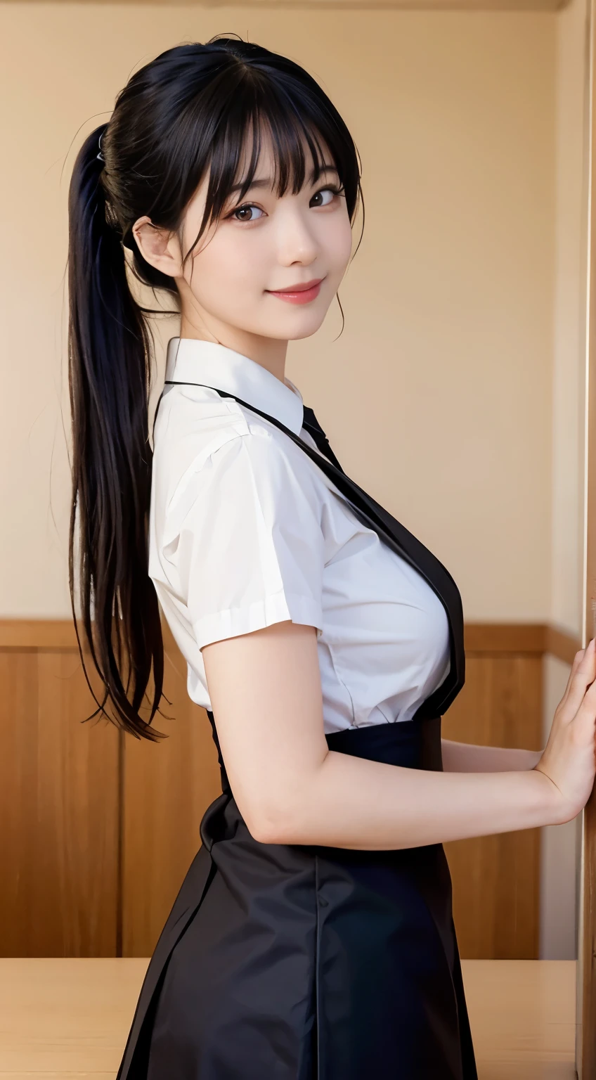 Best quality, masterpiece, realistic photo, 8k, 4k, extreme res, ultra high res, dynamic lighting, real lighting, ulzzang-6500-v1.1:1.2, waitress looking back,