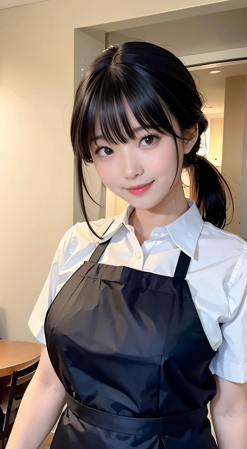 (highest quality,masterpiece:1.3,ultra high resolution,),(Super detailed,caustics),(Photoreal:1.4,RAW shooting,)ultra-realistic capture,very detailed,High resolution 16K human skin close-up。 natural skin texture、,The pores are、、、、Must be detailed enough to be easily identified。 Skin should look even-toned and healthy。 Use natural light and color,restaurant,waitress uniform,1 girl,Japanese,18-year-old,cute,black haired,ponytail,big breasts,smile,turn your body forward,(Front view:1.1),look at the camera,cowboy shot,