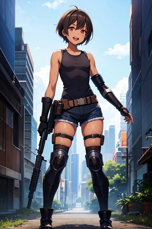 anime picture、full body portrait、A dark-skinned woman with short brown hair, standing upright, around 160cm tall, around 24 years old, wearing a tank top and shorts、smiling with open mouth、flat chest、Wearing elbow and knee protectors, gloves and boots、Shadowrun