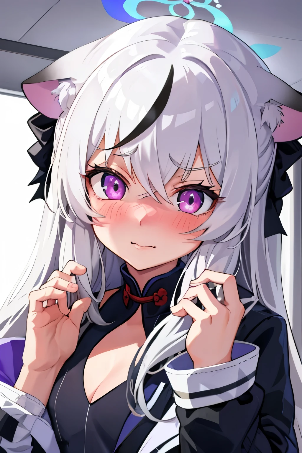 1girl, kokona, indoors, purple eyes, white hair, :3 mouth, embarrassed, beautiful eyes, beautiful lips, shiny lips, extremely detailed eyes and face, long eyelashes, close-up, warm lighting, vibrant colors, looking at the viewer, embarrassed look, blush, Winter suit, winter wonder