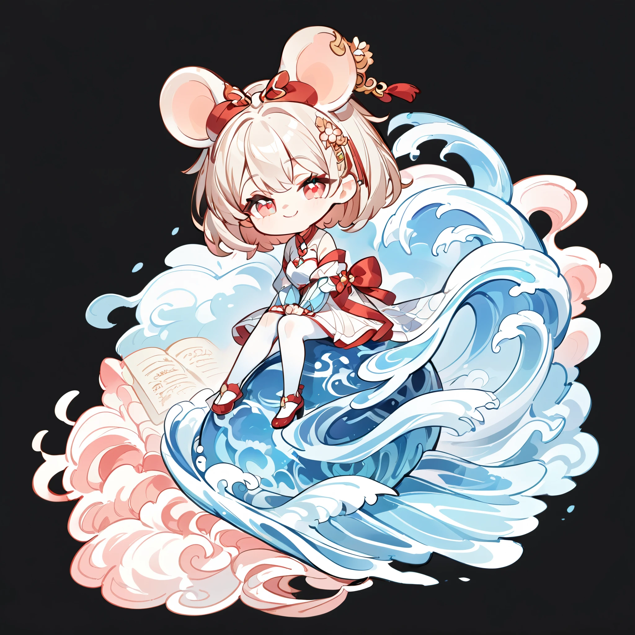 wave，super high quality，Depth of detail，No background required，Q version three-headed body、Mouse ears、sitting position、sideways、tilt head，transparent watercolor、girl、jewel eye、Beautiful arrangement and theme、Writing limit depth、Flat avatar, 1girl, Smile, （light brown short hair）， hair tip white,Fashionable design clothing((red and white)),background white、 可爱的girl, modest dress, Sakura pantyhose