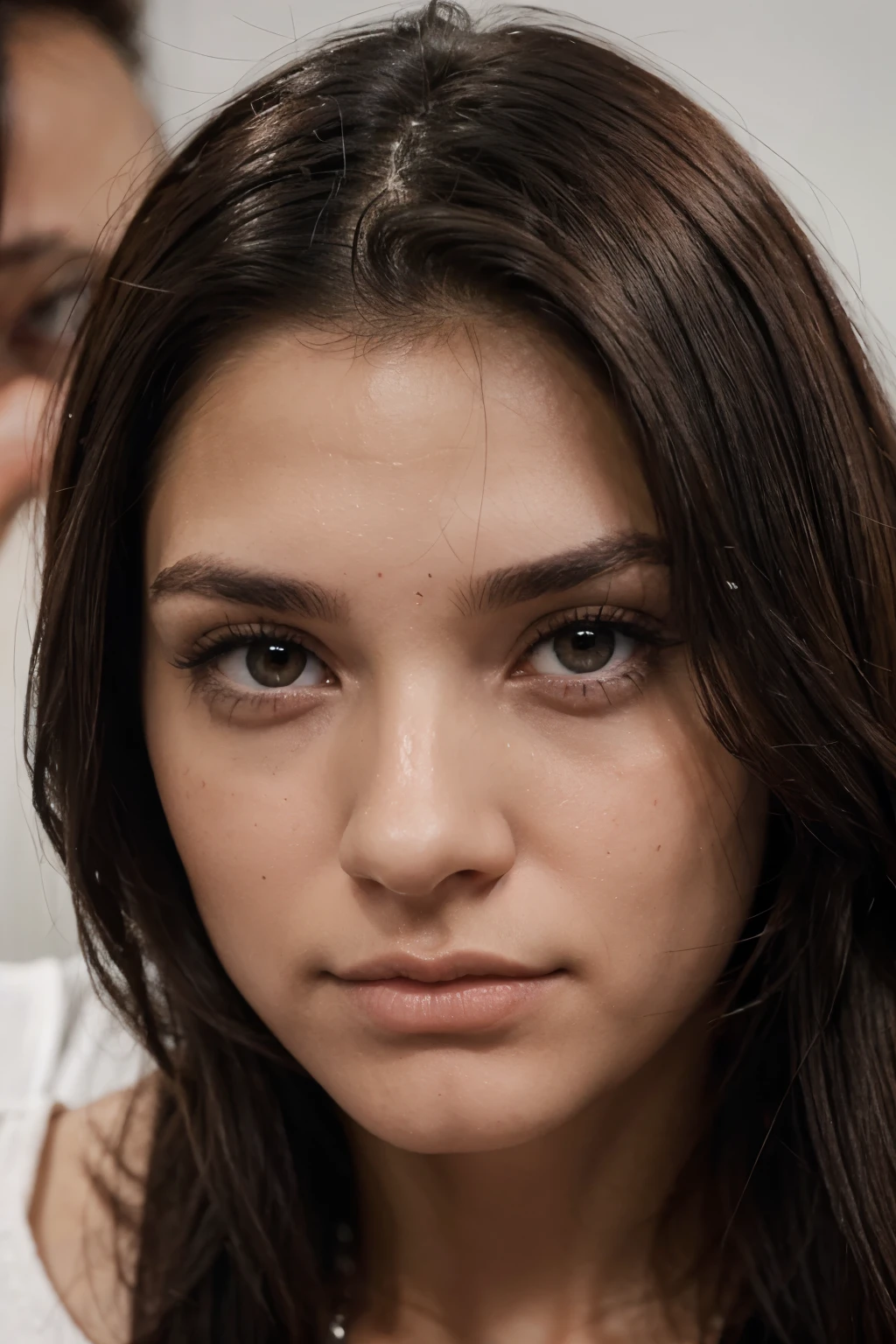 Un hombre de cabello plateado y ojos rojos tiene atada con las manos a una mujer de cabello y ojos negros 