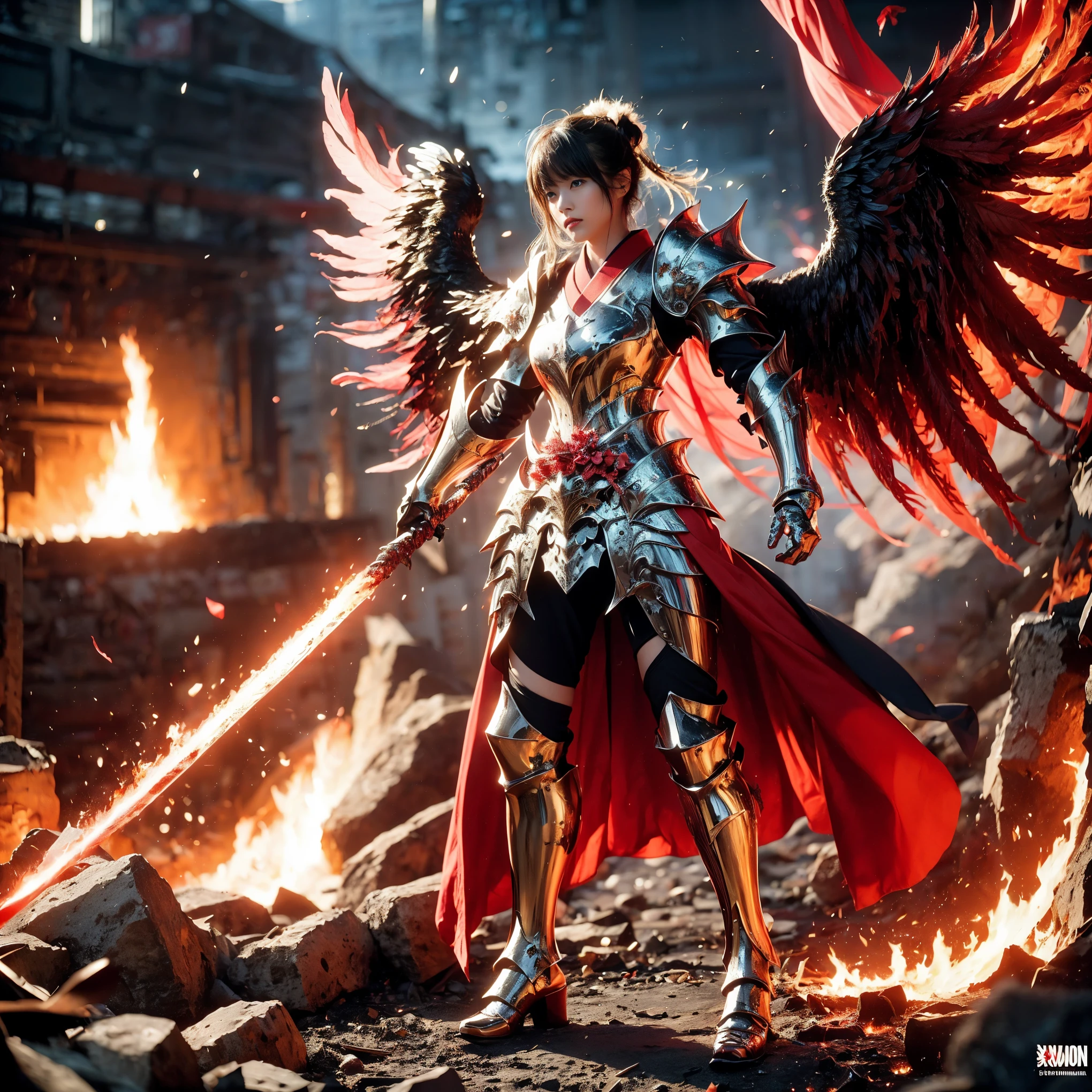 (((Realistic, masterpiece, best quality, crisp detail, high definition, high detail, very rich detail, sharp focus, sharp detail, colorful, rich color, perfect studio lightning))), ((20 years old, six armed japanese goddess of fire, kasumi arimura)) in the molten lava flood, wearing (((beautiful decorated golden heavy armor, phoenix armor, phoenix pinions, decorated full body armor, fully armored beautiful kimono, wide phoenix fire wings, blue aura))), (flying, floating, offensive stance, hands of fire, fire swords, blood scattered face, blood tears, blood bath, blood shed), (((blood, death, japan bakumatsu period, dead bodies, burned japanese castle, catastrophe, exploding volcano, meteor shower, molten lava, flood)) background), shot from below