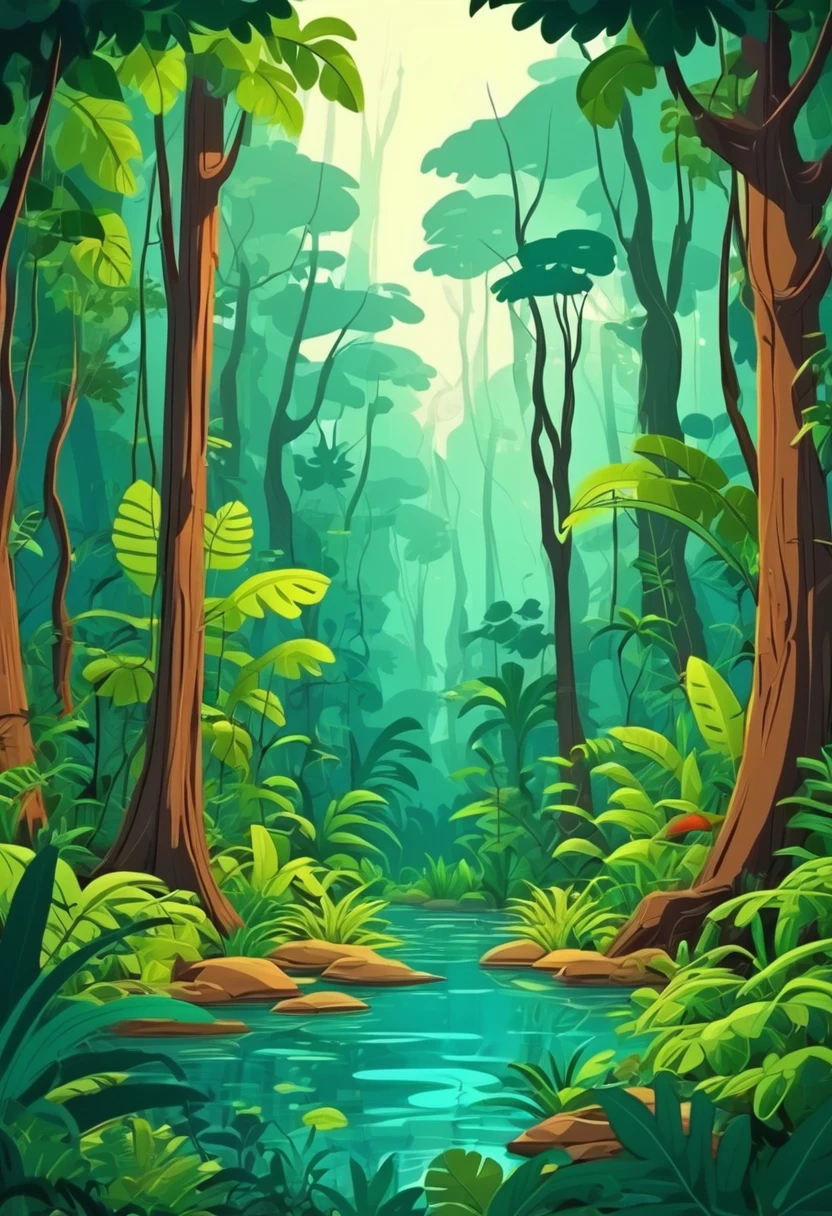 Deep forest jungle. Cartoon style