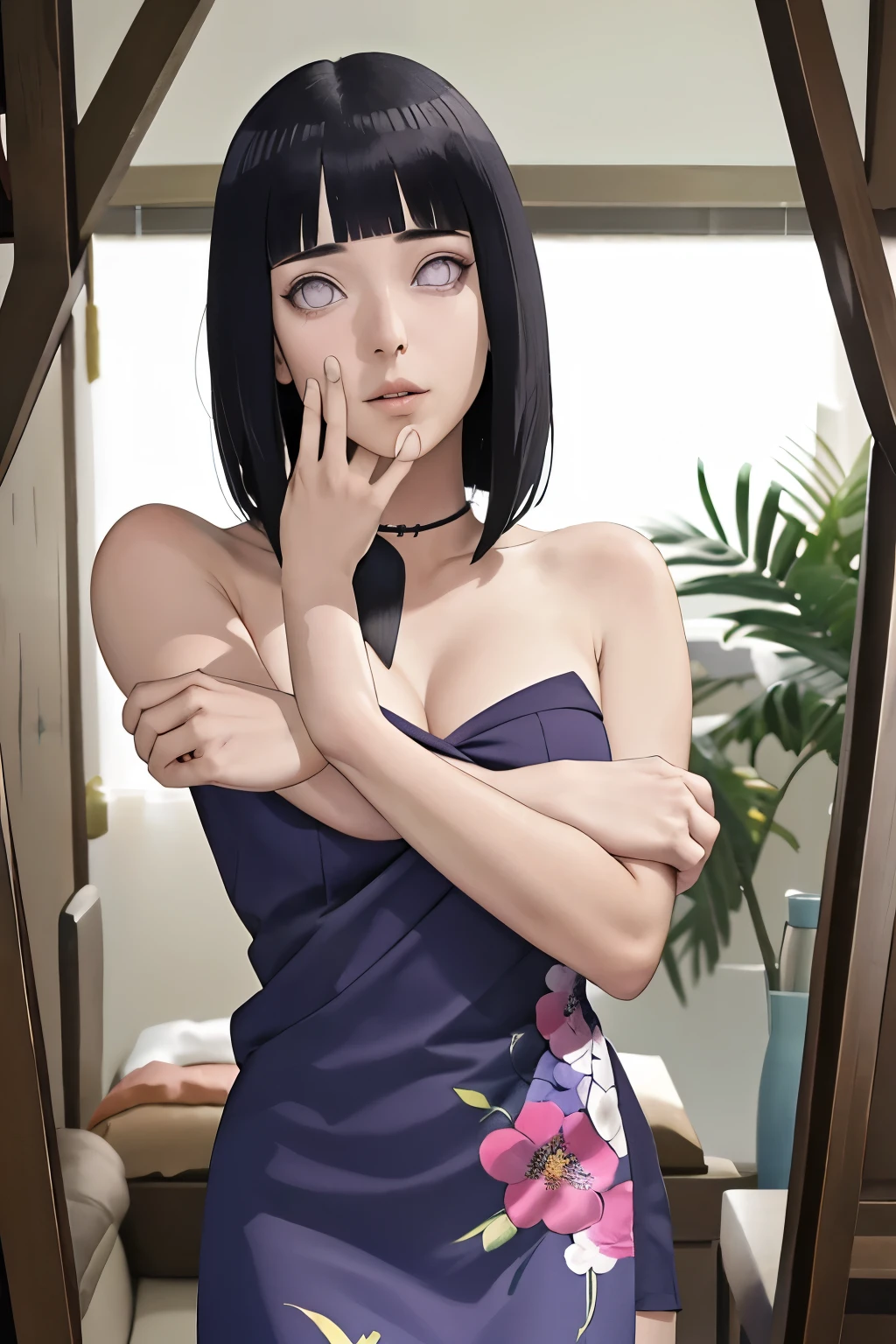 obra maestra, absurdos, Hinata\(boruto\), 1 chica, Solo,mujer madura, vestido floral sin hombro, looking at the petals by viewelling), perfect composition, detallado lips, pecho grande, Hermoso rostro, body proportion, rubor, (Labios rosados), pelo largo,  ojos morados,  mirada suave,  super realistic, detallado, Photoshoot, cara y cuerpo realistas, sexual expression, seductive expression, mqmf.