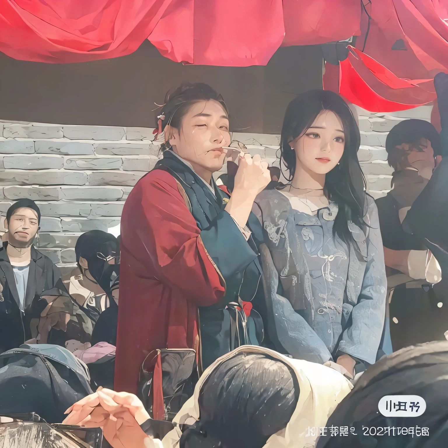 Under the red curtain,There stood a matchmaker in red and a young girl,Chinese traditional clothing