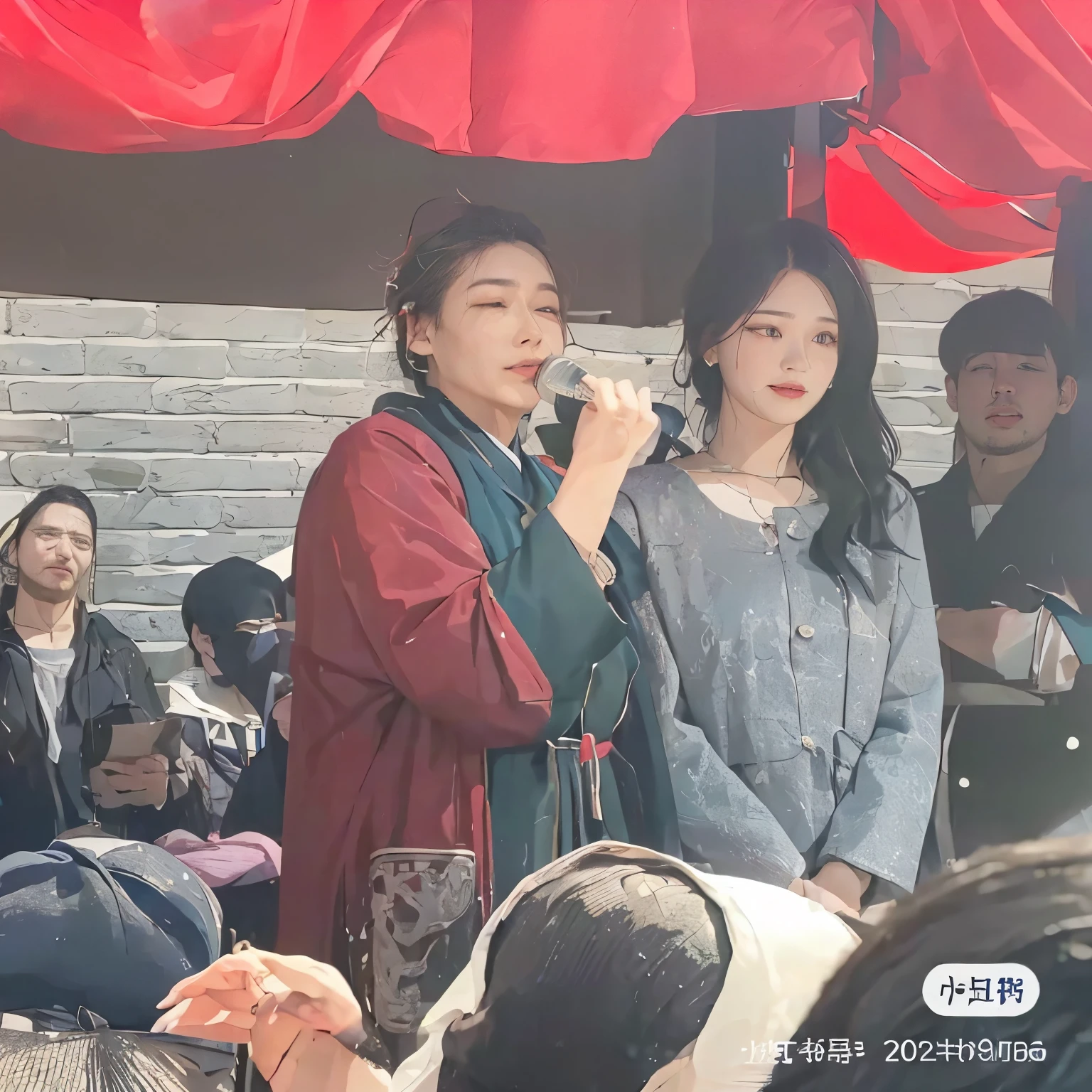 there are two women standing under a red umbrella and a man holding a microphone, lady, jia, xianxia, ruan jia and fenghua zhong, queen of the sea mu yanling, actress, 8k)), gongbi, 2 0 2 2 photo, full body xianxia, lu ji, wearing ancient chinese clothes