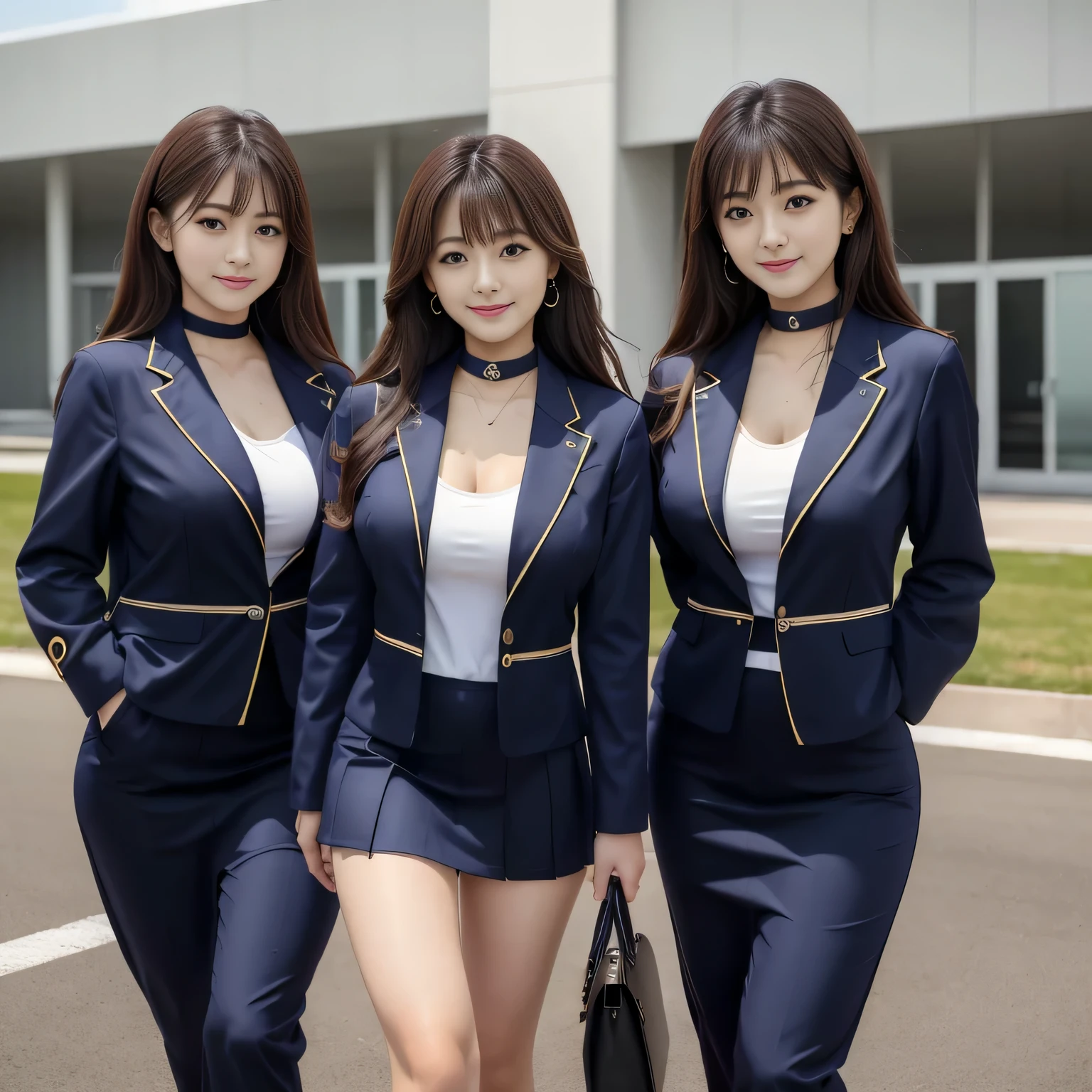 highest quality, multiple girls, ((Many girls in the background)),, A row of pretty office ladies, A neat line of office ladies, Office ladies standing in formation, OL in the background, curly hair, hairstyle that suits you, hazel eyes, smile, ((matching outfit, Navy Office Uniform:1.5)), hairstyle that suits yous, High resolution, ((black choker, smile, big breasts, bangs)), Palace of Versailles, live-action, photograph, fujichrome, very detailed and professional、Illuminate your smile、girl、Nogizaka Idol、Idol、big breasts、skirt