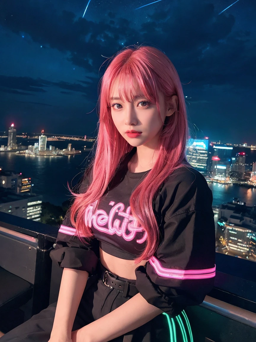 最high quality, masterpiece, 32k、Super detailed、realistic、1 girl, japanese woman、cute face, (photo actual:1.3),bob hair(red pink hair color、pink hairstyle)、edge lighting, (high detail skin:1.2), 8K超High resolution, Single-lens reflex camera, high quality, High resolution, 4k, 8K, Optimal ratio of 4 fingers to 1 thumb, (actual:1.3), cute 1 girl, realistic、Super realistic、32k、Super detailed、masterpiece, 最high quality, beautiful girl, beauty、small breasts, Mecha, beautiful lighting, (neon light:1.2), (night:1.5), cyberpunk costume、sitting,Cyber Neon、future city、Skyscraper、都会のnight、Shanghai、big city、night景、綺麗なnight景