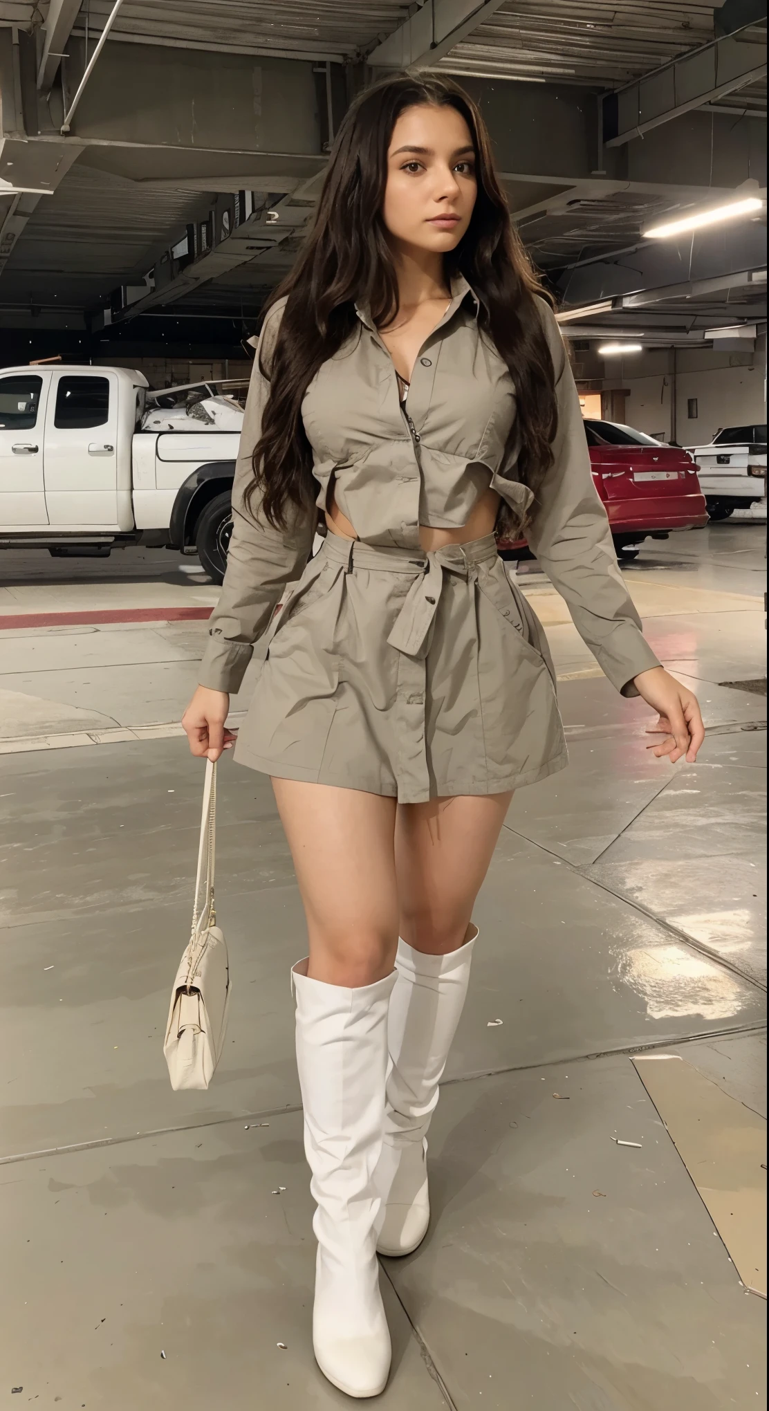 Strike Larissa in this same pose wearing an identical outfit in an identical setting, cabelo castanho escuro