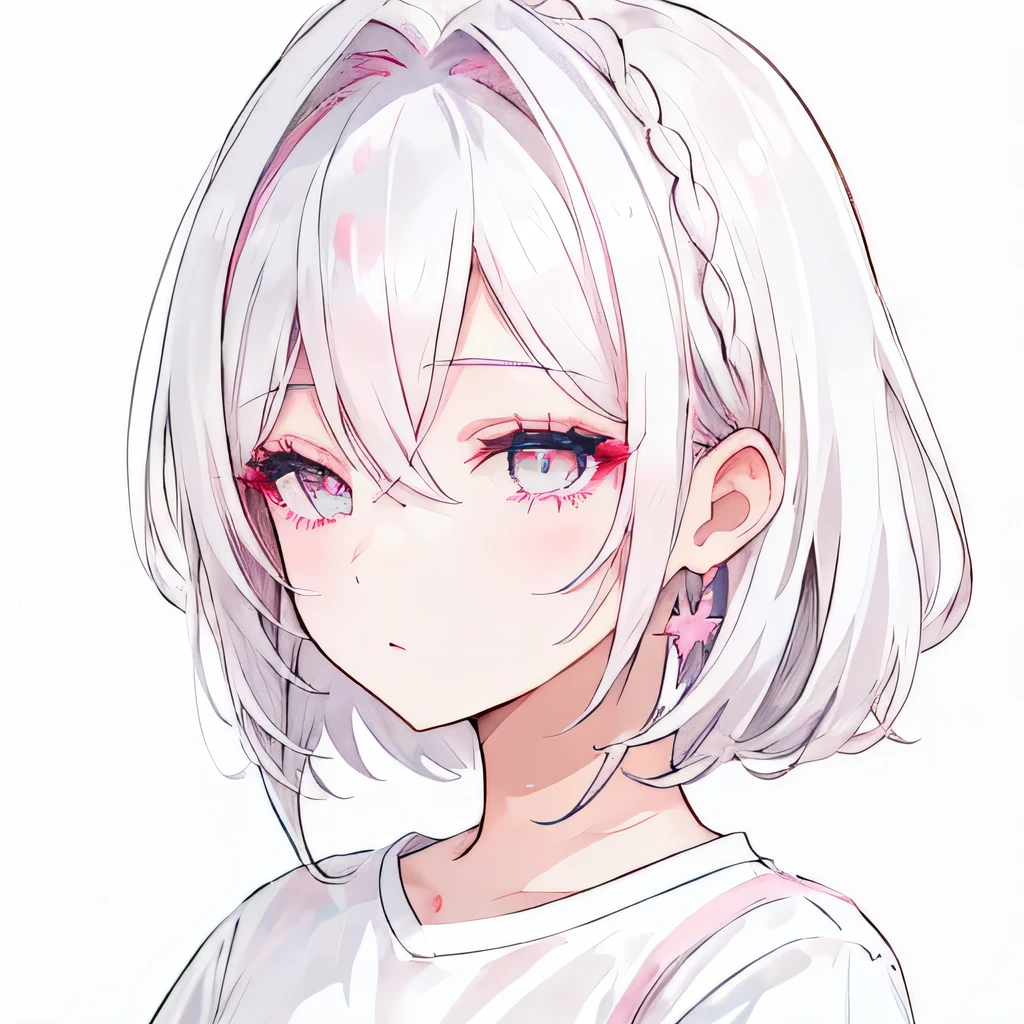 Girly girl, pink round glasses, white shirt, face close-up, white hair, light white eyes, pure, (hair over one eye), (pixie hairstyle), feminine