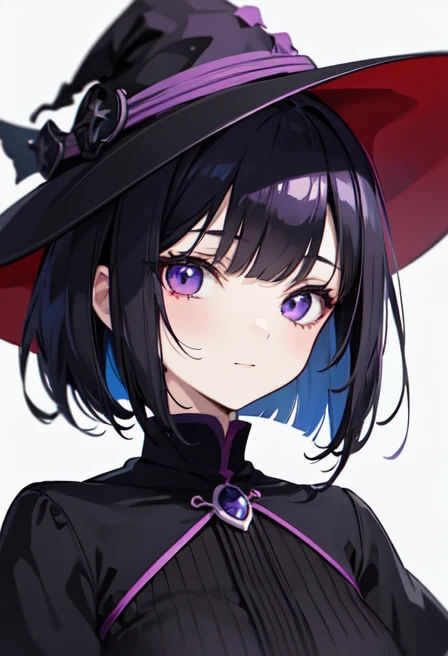 Witch's outfit, Anime-style portrait of a girl with a deep violet bob cut, bright eyes, hazel eyes, -facee contact with the camera, subtle smile, minimalistic background to emphasize character, high contrast, clean lines, digital painting, vivid colors