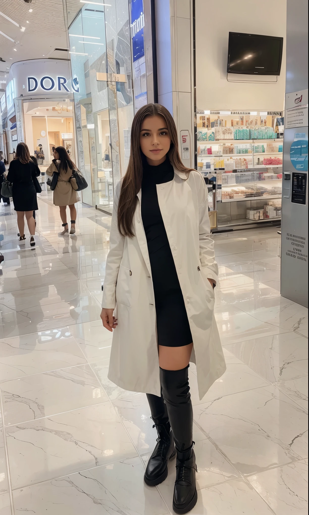Strike Larissa in this same pose wearing an identical outfit in an identical setting, cabelo castanho escuro