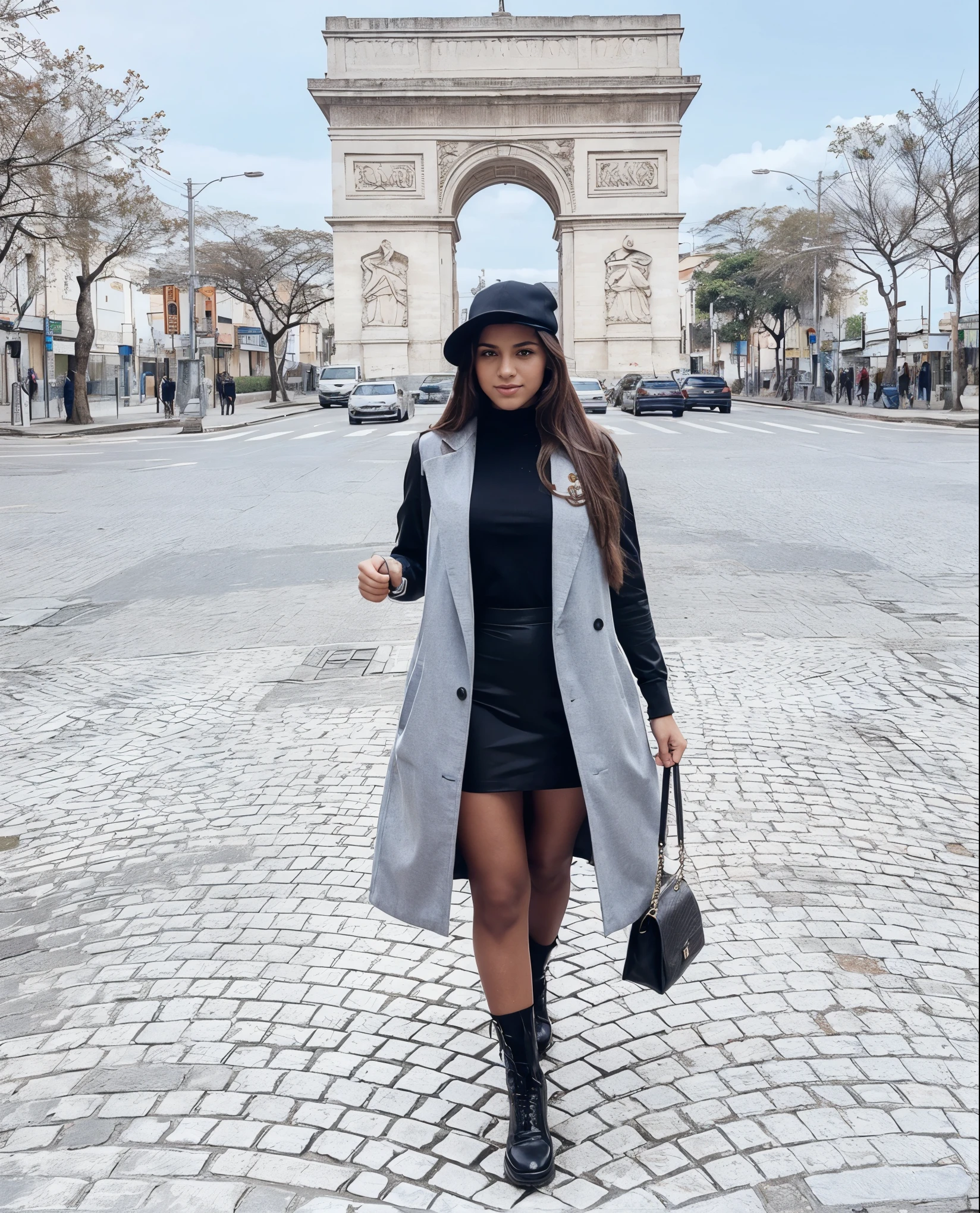 Strike Larissa in this same pose wearing an identical outfit in an identical setting, cabelo castanho escuro
