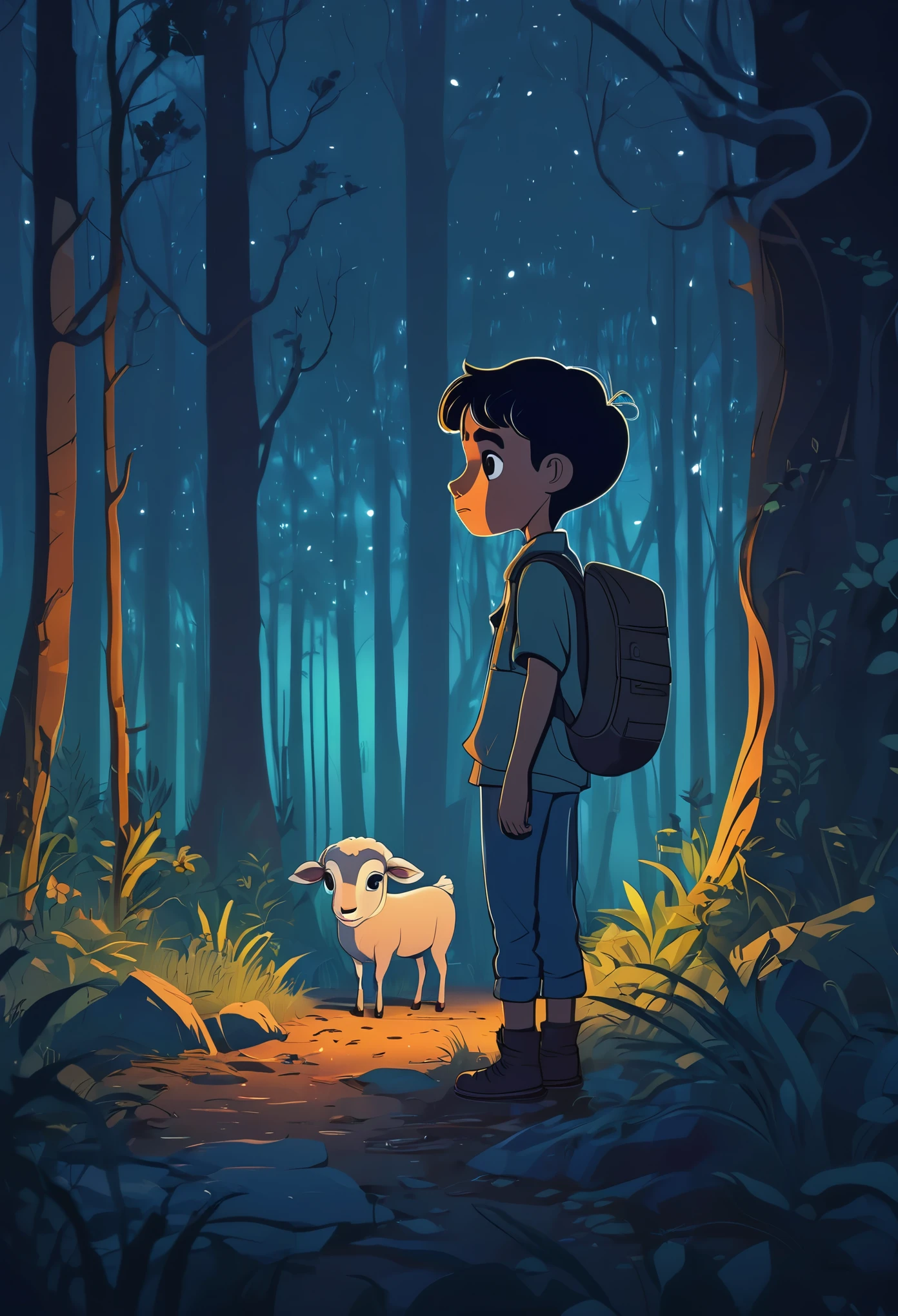 Nightfall in the forest,a boy Ram feeling a sense of loneliness and vulnerability, highlighting the importance of safety and following rules. Cartoon style