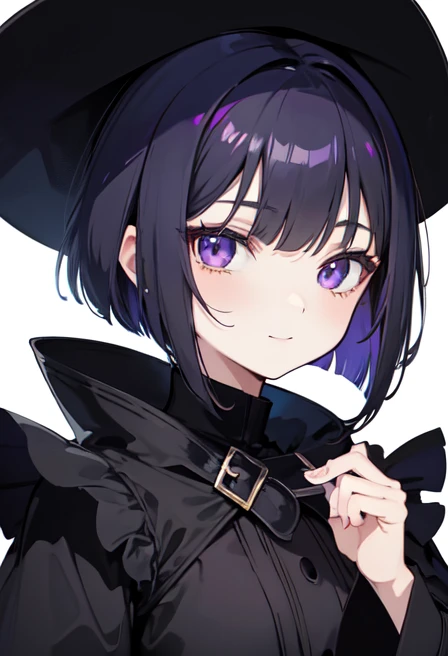 Witch's outfit, Anime-style portrait of a girl with a deep violet bob cut, Hazel eyes, baby-faced, eye contact with the camera, subtle smile, minimalistic background to emphasize character, high contrast, clean lines, digital painting, vivid colors