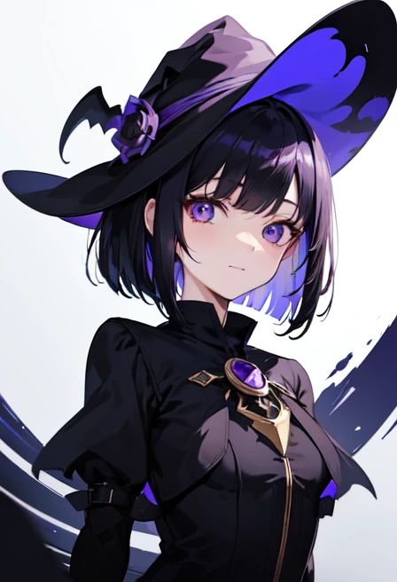 Witch's outfit, Anime-style portrait of a girl with a deep violet bob cut, Hazel eyes, baby-faced, eye contact with the camera, subtle smile, minimalistic background to emphasize character, high contrast, clean lines, digital painting, vivid colors