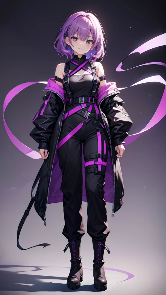 purple hair,girl,1 person,medium hair,No sleeve,Harness,pants,boots,simple background,smile,whole body,full body,standing position,Standing picture,VTuber,front,Eyes on the viewer,視線をfrontに,arm to the side