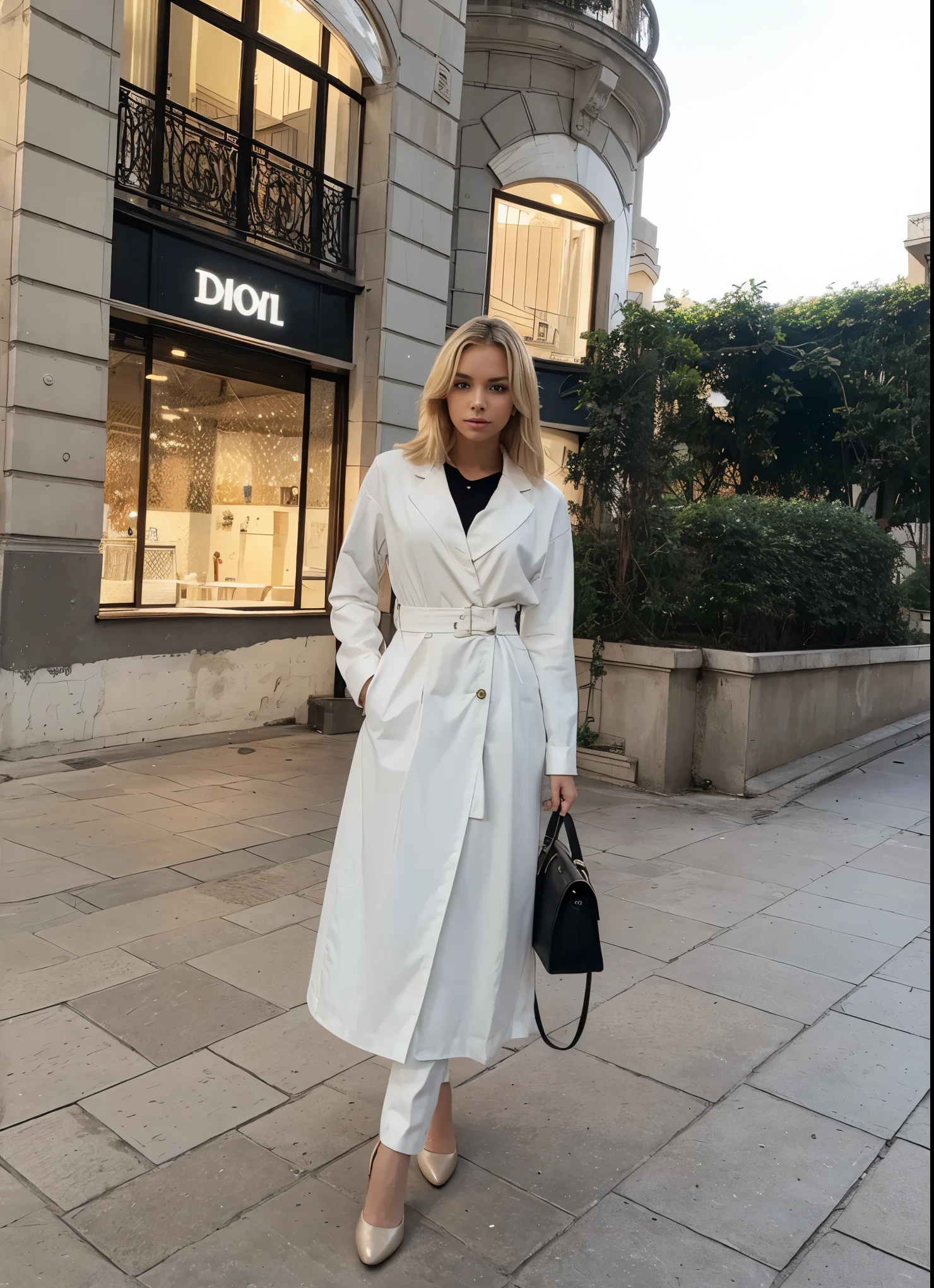 Make blonde Amanda in this same pose wearing an identical outfit in an identical setting, cabelo loiro
