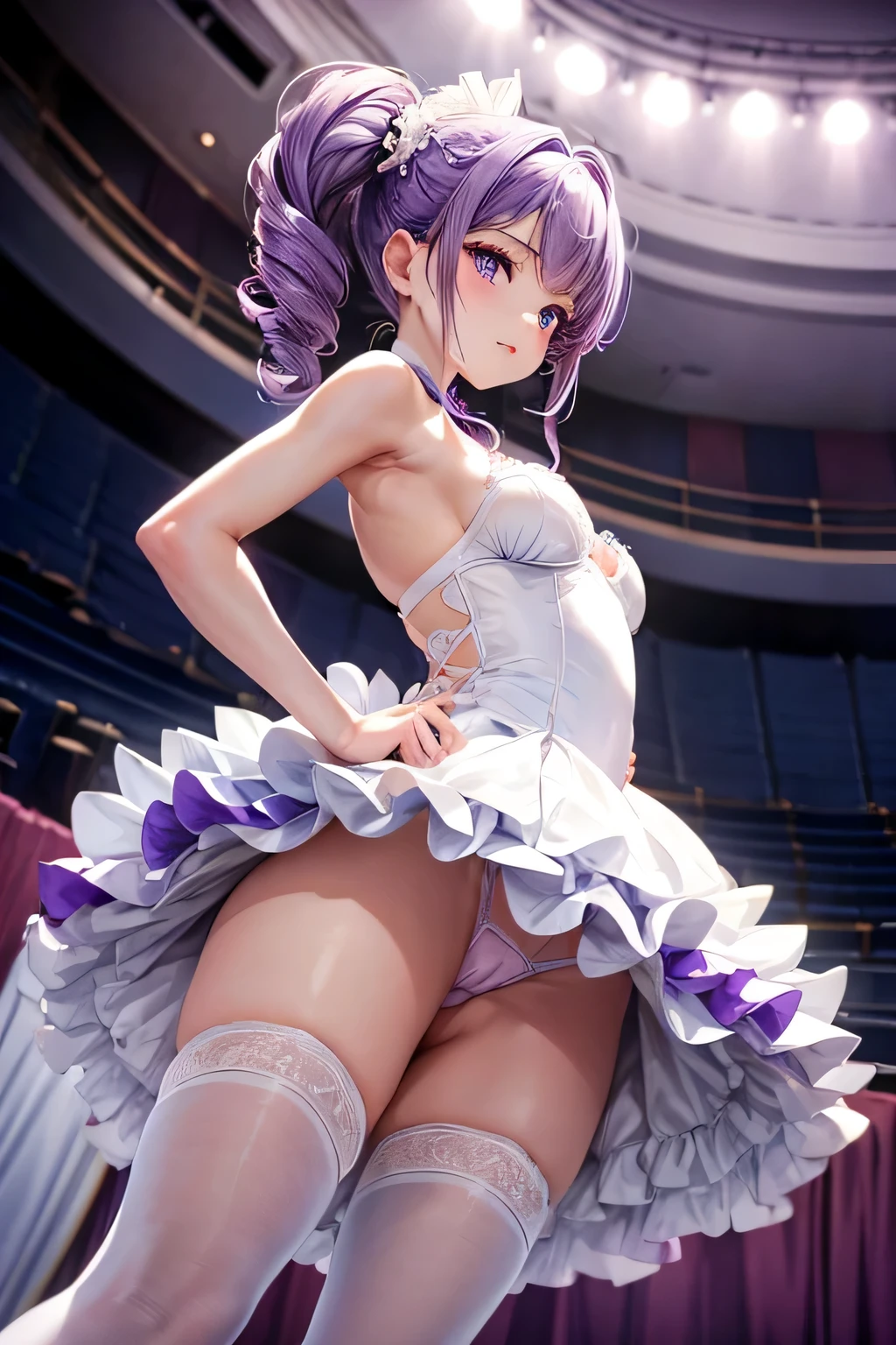 white tutu、(((Panty shot)))、Beauty ballerina、Purple hair upstyle、((whole body))、(((photo taken from below)))、theater