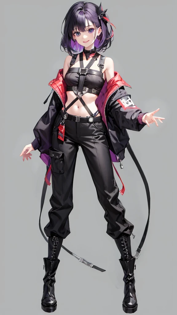 purple hair girl,medium hair,Harness,No sleeve,pants,boots,simple background,smile,whole body,full body,full body,Standing picture,vtuber,front,from front,Viewer's perspective,視線をfrontに,