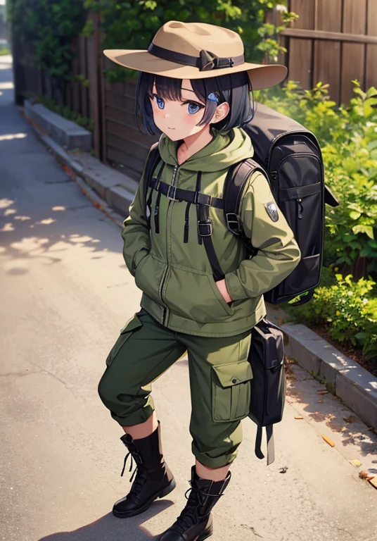 gender: male、impression: adventurer、hairstyle: short hair、hair color: black、Features of eyes: Cut length、Body shape: がっしりとしたBody shape、Physical Description: Practical expedition clothing and hiking boots、clothing: Expedition hat and backpack