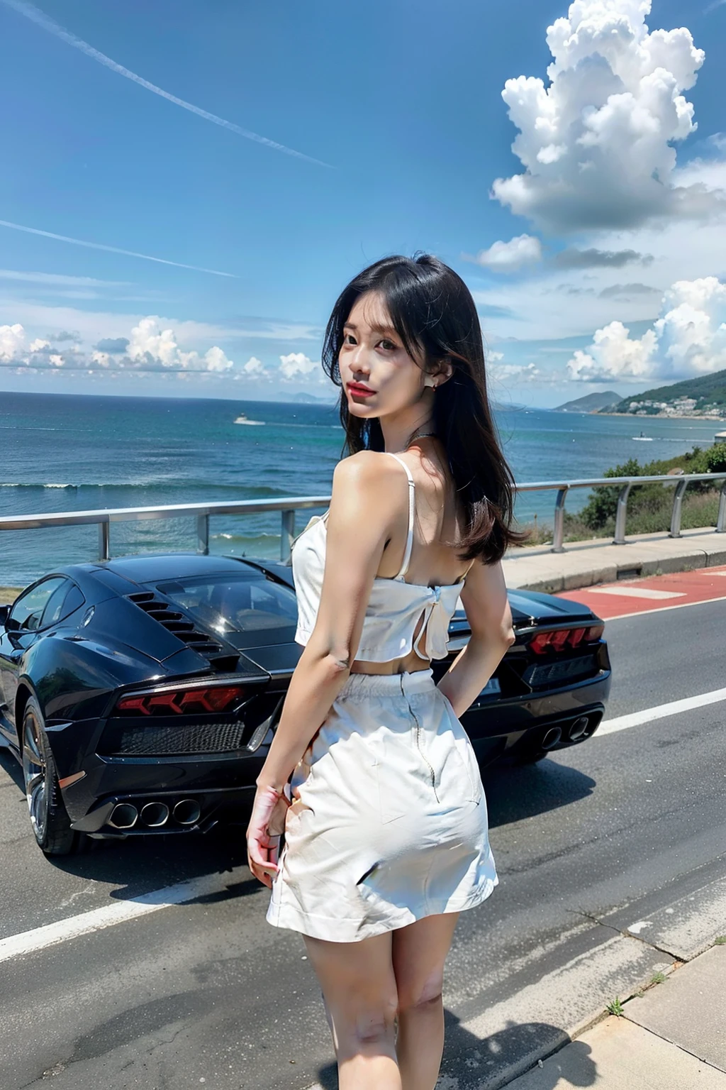 a beauty，Sexy white skirt，seaside，Standing next to a Lamborghini，Blue sky and white clouds，The sea sucks，Panorama