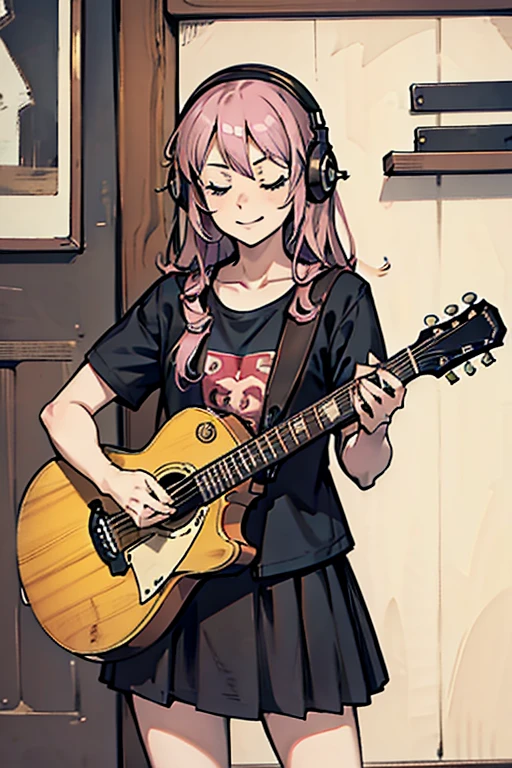 ((masterpiece,highest quality))1 girl, alone, black skirt, blue eyes, electric guitar, guitar, headphones, holding, holding plectrum, musical instrument, long hair, , music, one side up, pink hair, guitarを弾く, pleated skirt, black shirt, Indoors, looking down、looking down、eyes closed

