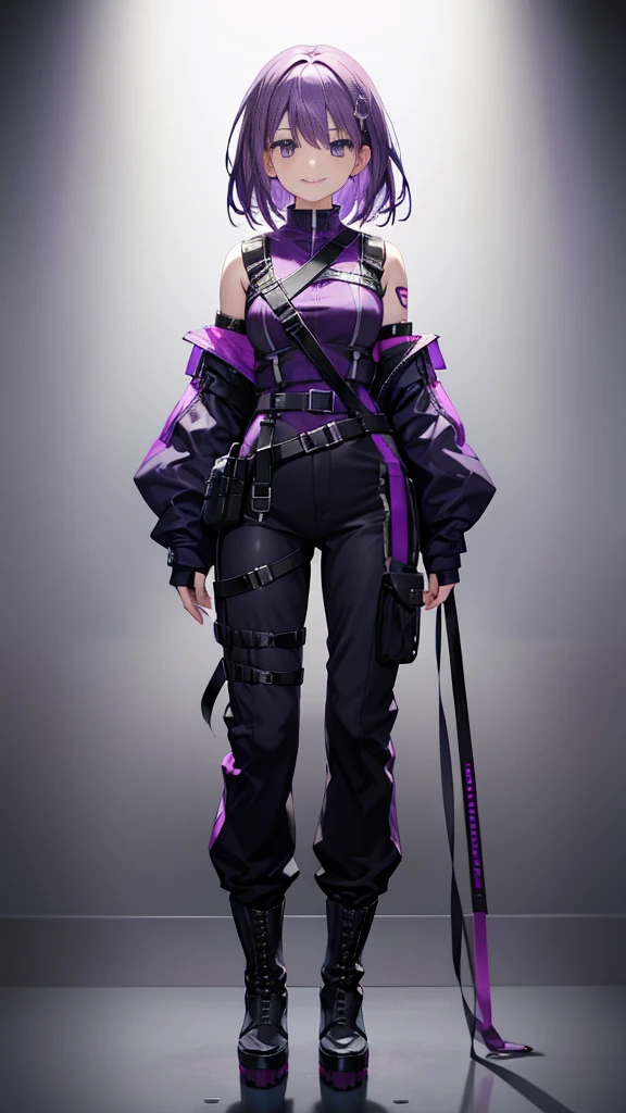 purple hair,girl,1 person,medium hair,No sleeve,Harness,pants,boots,simple background,smile,whole body,full body,standing position,Standing picture,VTuber,front,Eyes on the viewer,視線をfrontに,arm to the side