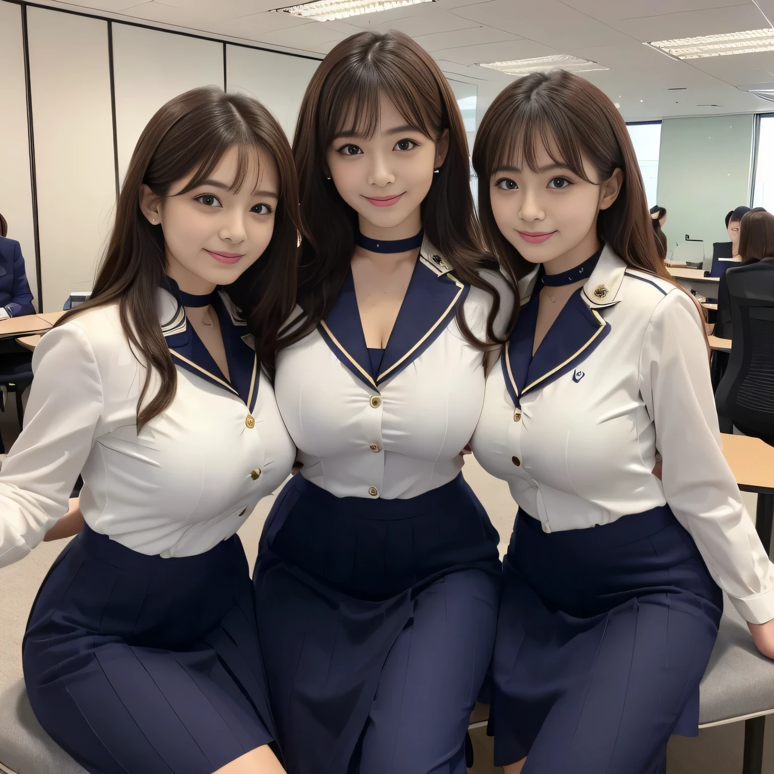 highest quality, multiple girls, ((there are many girls beyond her)),, A row of pretty office ladies, A neat line of office ladies, Office ladies standing in formation, OL in the background, curly hair, hairstyle that suits you, hazel eyes, smile, ((matching outfit, Navy Office Uniform:1.5)), hairstyle that suits yous, High resolution, ((black choker, smile, big breasts, bangs)), Palace of Versailles, live-action, photograph, fujichrome, very detailed and professional、Illuminate your smile、girl、Nogizaka Idol、Idol、big breasts、((skirt))