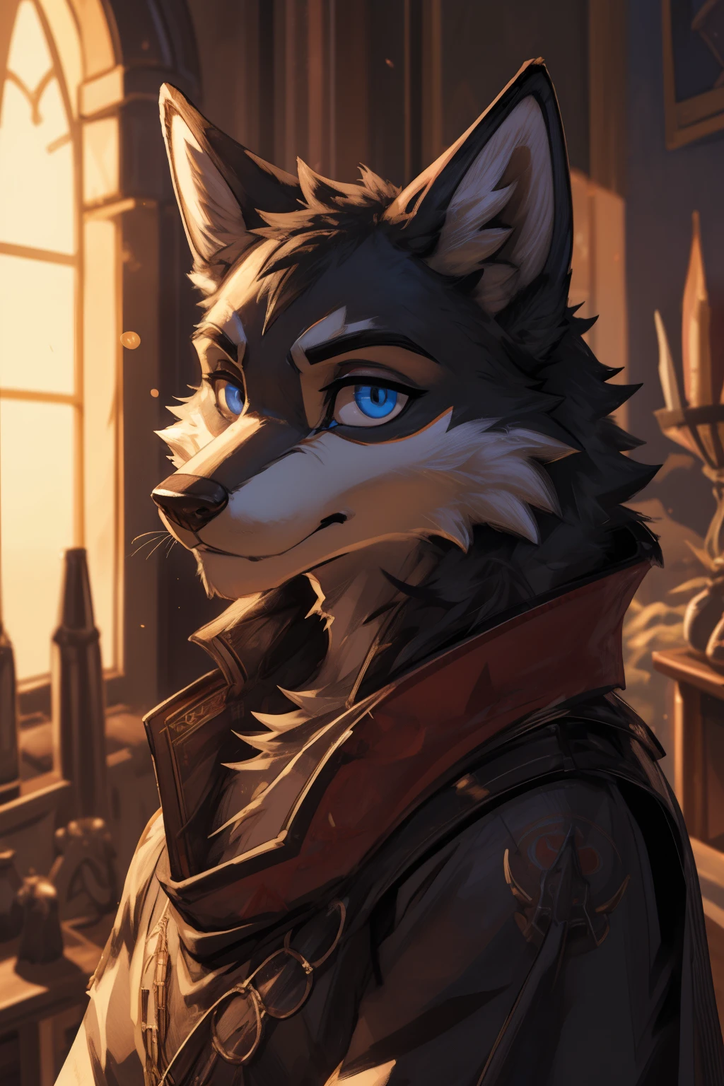 (high-quality, breathtaking),(expressive eyes, perfect face) 1girl, female, solo, furry, black fur, black kitsune, black fox, portrait, Symmetrical Eyes, headshot, animal ear fluff, fox tail, headshot, blue eyes, Pathfinder Character, TTRPG Pathfinder
