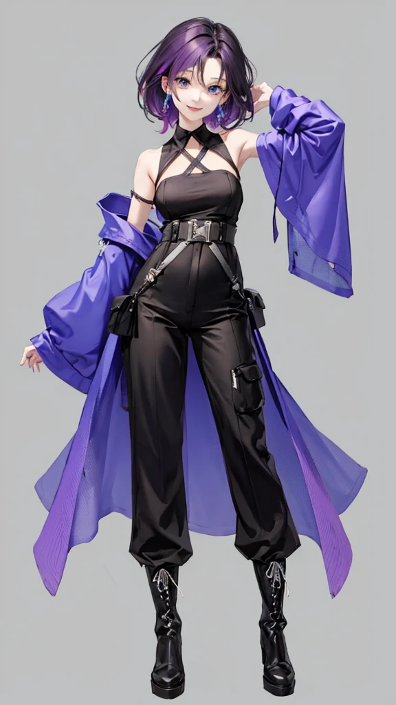 purple hair girl,medium hair,Harness,No sleeve,pants,boots,simple background,smile,whole body,full body,full body,Standing picture,vtuber,front,from front,Viewer&#39;s perspective,視線をfrontに,