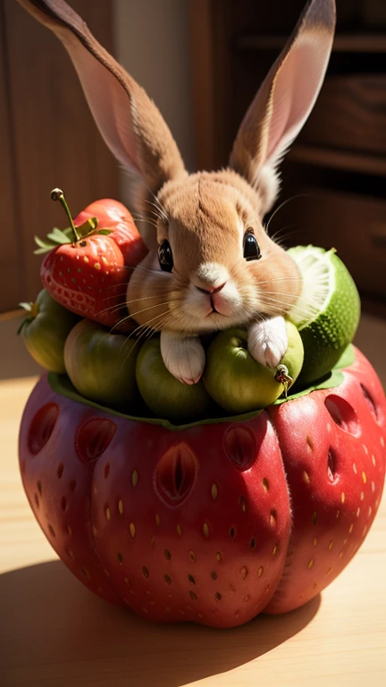 :3. rabbit, actual, hairy, animals in clothes, apple, Bear, Teak, cherry, food, fruit, whole body, have, non-human, strawberry, tomato, watermelon