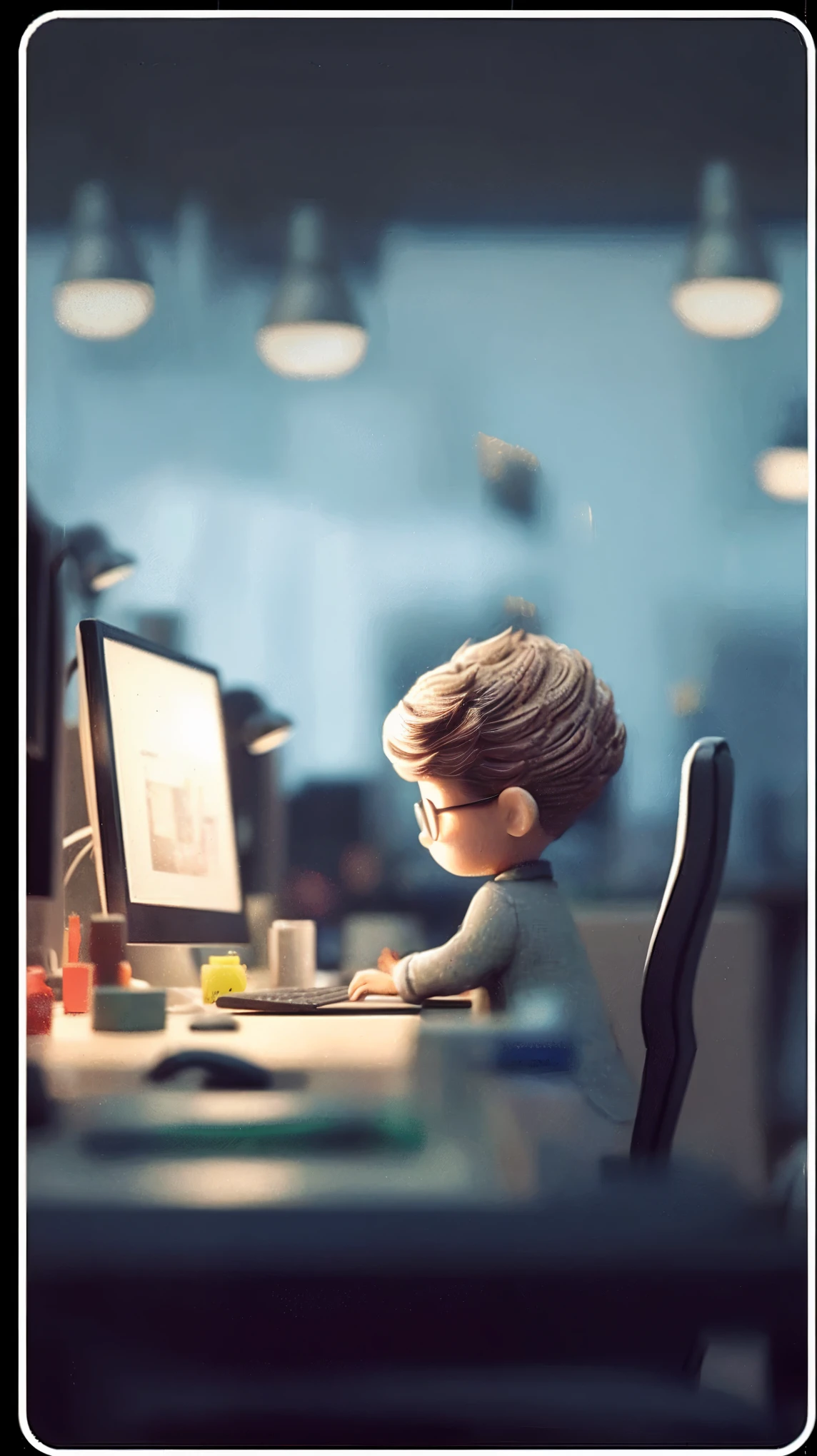 There is a small statue sitting at a table,There is a, A keyboard,mouse、document,animation style rendering, pixar 3d animation style, corporate animation style, Lovely 3D rendering, animated movie scene, 3d animation电影, 3d animation, 3d animation, animated illustration style, 3d cartoon, animated characters, Lovely and detailed digital art, anime movies, 2d illustration