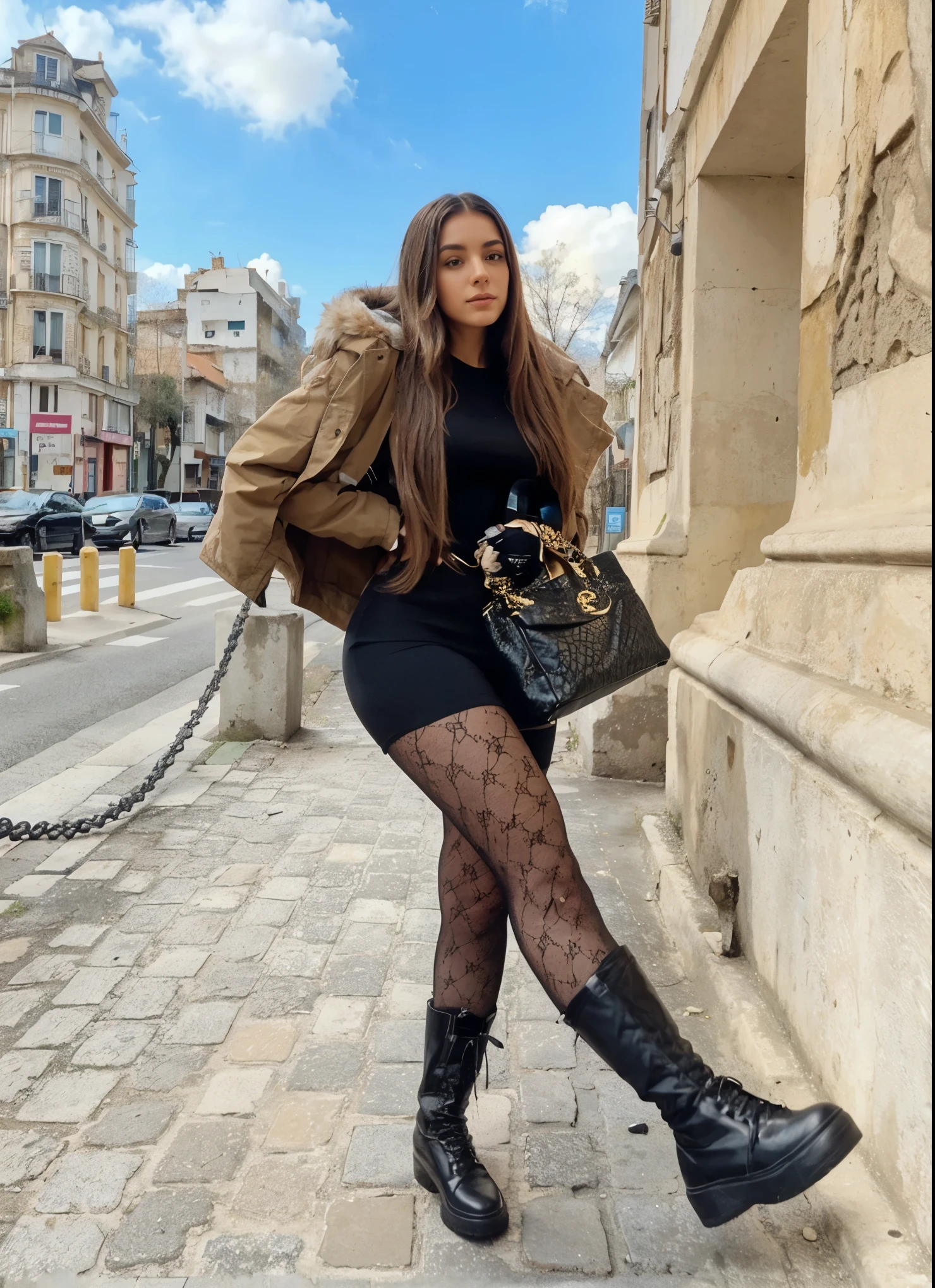 Make Larissa in this same pose wearing an identical outfit in an identical setting, cabelo castanho escuro 
