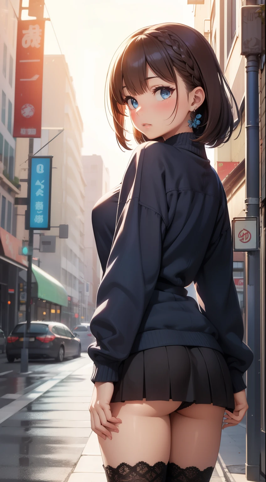 masterpiece, best quality, highres, 1girl, solo, bangs, blush, light makeup, (glossy lips), highly detailed, illustration, aichan, blue eyes, short brown hair, side braid, standing, city street, (view from behind), ass view, , (very short microskirt), lace panties, thigh highs