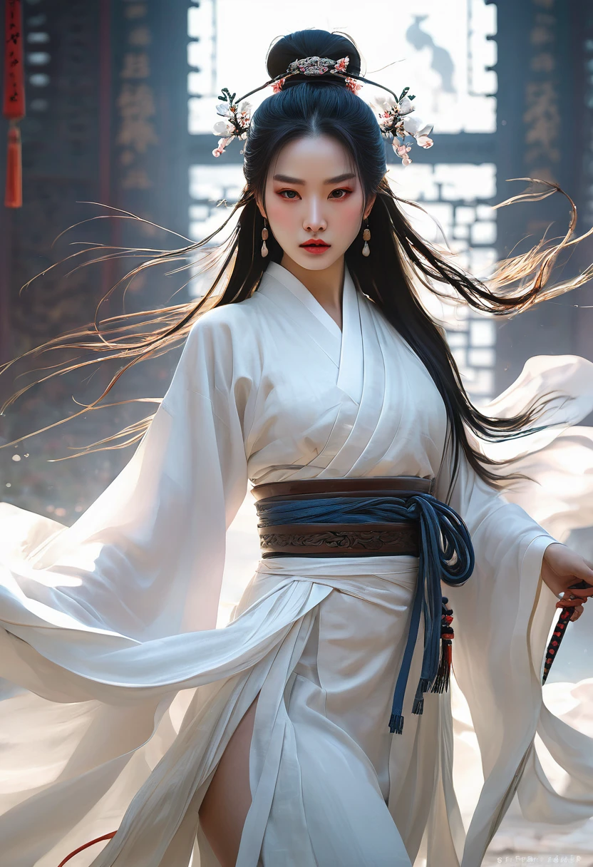um close de uma mulher com uma espada em um vestido branco, um retrato de personagem de Yang J, trends at cgsociety, arte de fantasia, linda pintura de personagem, artwork in the style of Guweiz, Guweiz, hanfu branco, flowing white robes, wuxia de corpo inteiro, epic and exquisite character art, arte de personagem impressionante, bela assassina feminina