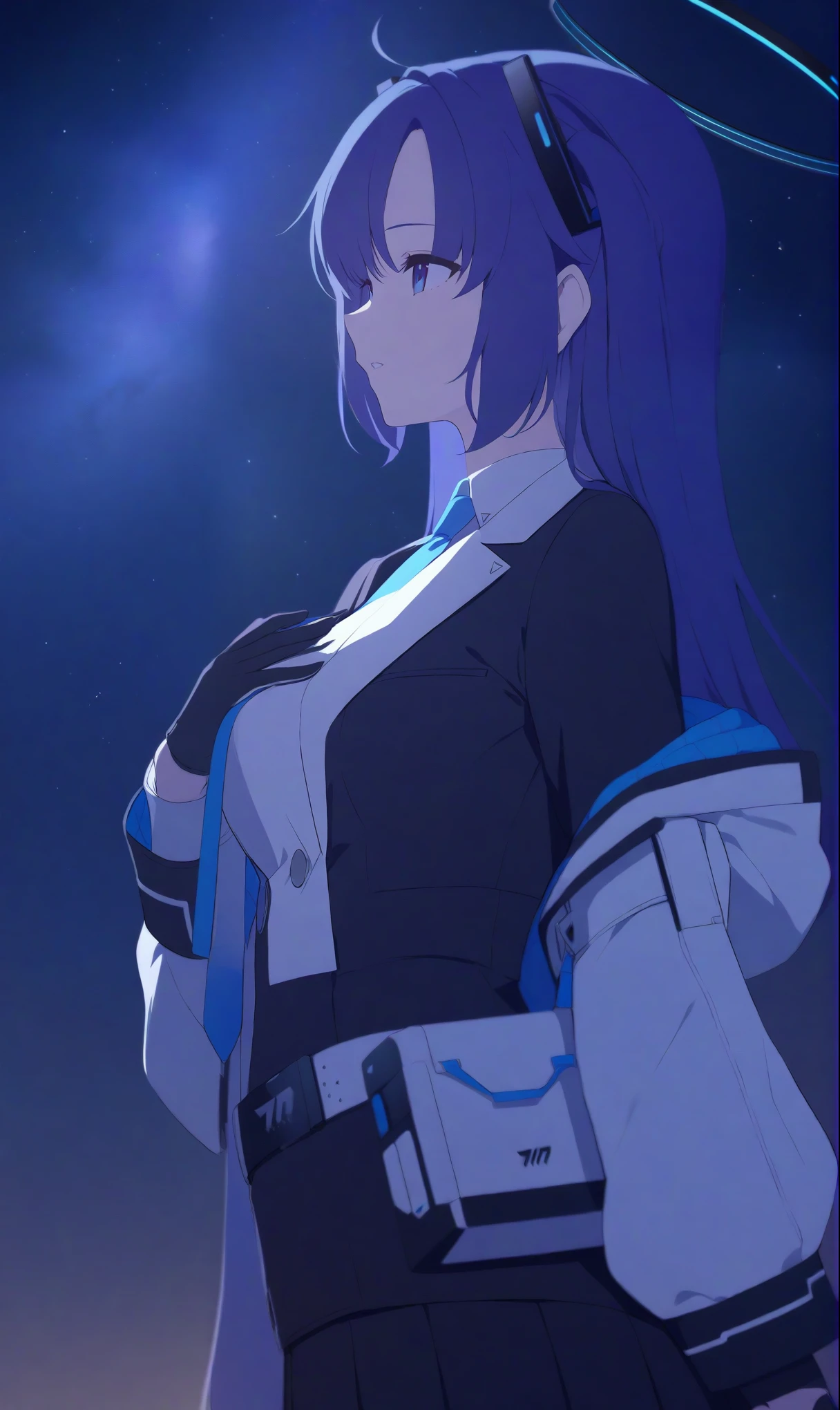 night_star_\(sky\)_1girl_solo_parted_lips_starry_sky_night_sky_long_sleeves_from_side_hand_on_own_chest_looking_up_yuuka_\(blue_archive\) solo_mechanical_halo_necktie_shirt_gloves_jacket_long_hair_two_side_up_black_skirt_white_shirt_belt_white_belt_bangs_black_gloves_purple_hairbest_quality newest