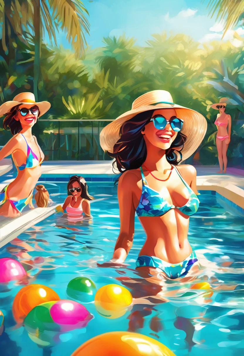 best quality,realistic,ultra-detailed,(highres,masterpiece:1.2),vivid colors,girls playing in the pool,detailed facial expressions,happy and joyful atmosphere,clear turquoise water,sparkling in the sunlight,refreshing splashes of water,beautiful summer day,gentle breeze rustling the leaves,flowing pool water creating a soothing ambience,carefree laughter and chatter,relaxing poolside chairs and umbrellas,palm trees swaying in the background,floral print swimsuits,stylish sunglasses and sun hats,delicious poolside snacks and drinks,refreshing pool toys and floats,crystal clear reflection of the girls in the water,splashes of water droplets in mid-air,floating pool toys and rubber duckies,giggling and playful interactions between the girls,happiness shining in their eyes,friendship and togetherness,upstairs bedroom window overlooking the scene,sunlight casting soft shadows on the pool,delightful summer vibes,friends enjoying their leisure time,memorable moments captured in the painting